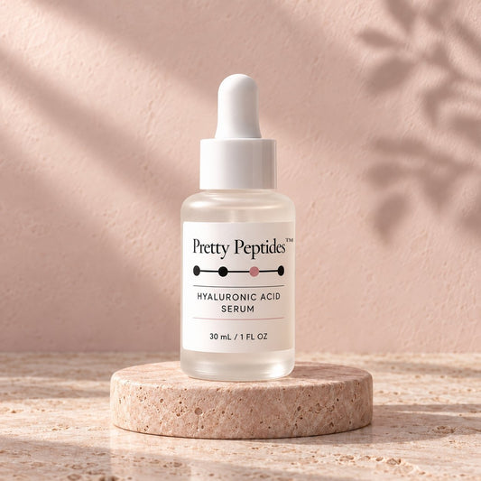 Pretty Peptides Hyaluronic Acid Serum, 30 ml frosted dropper bottle on a travertine riser against a blush plaster wall