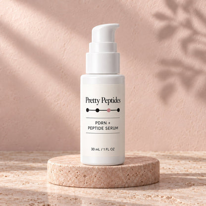 Pretty Peptides PDRN + Peptide Serum, 30 ml pump bottle on a travertine riser against a blush plaster wall