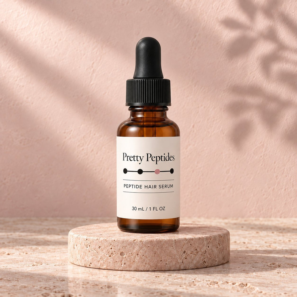 Pretty Peptides Peptide Hair Serum, 30 ml amber dropper bottle on a travertine riser against a blush plaster wall