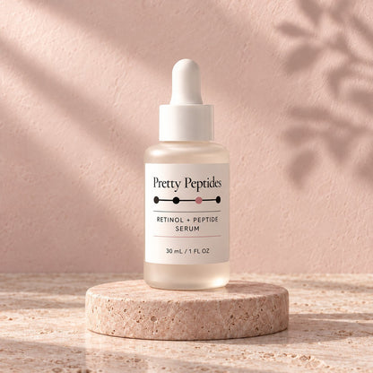 Pretty Peptides Retinol + Peptide Serum, 30 ml frosted dropper bottle on a travertine riser against a blush plaster wall